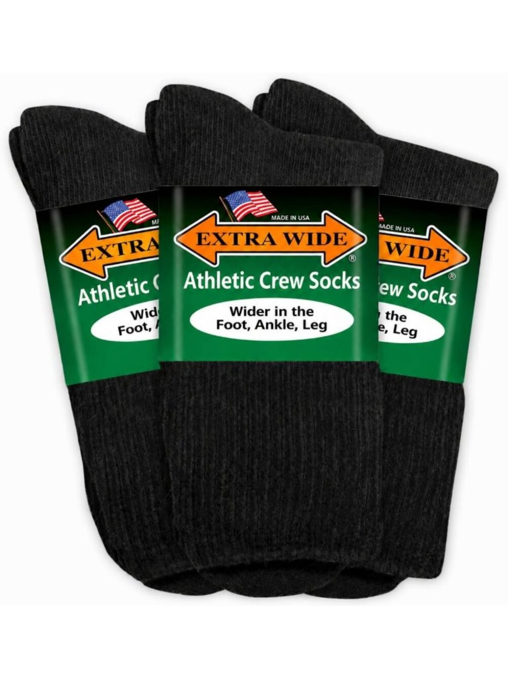 Extra Wide Athletic Crew Socks 3-Pack, Non-Binding, Comfort Fit, Made in USA